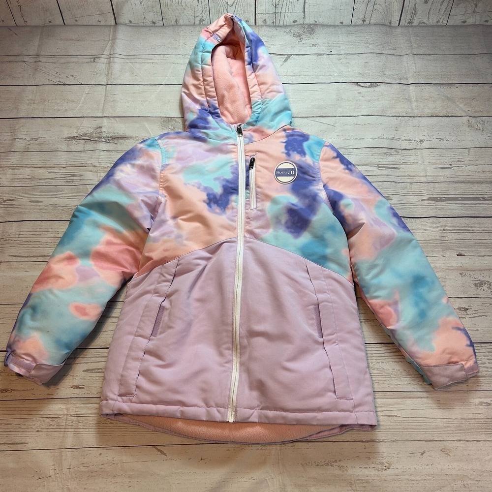 Hurley Snow Jacket Pockets Buttons Pink Tie Dye Youth Girls Size Large 14/16